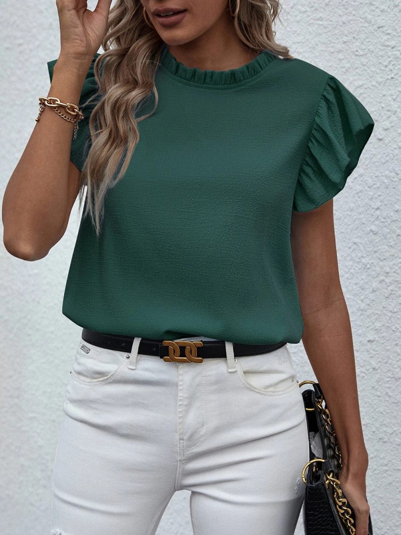 Spring Summer Casual Ruffled Vest Sweet Round Neck Women Shirt - Image 12