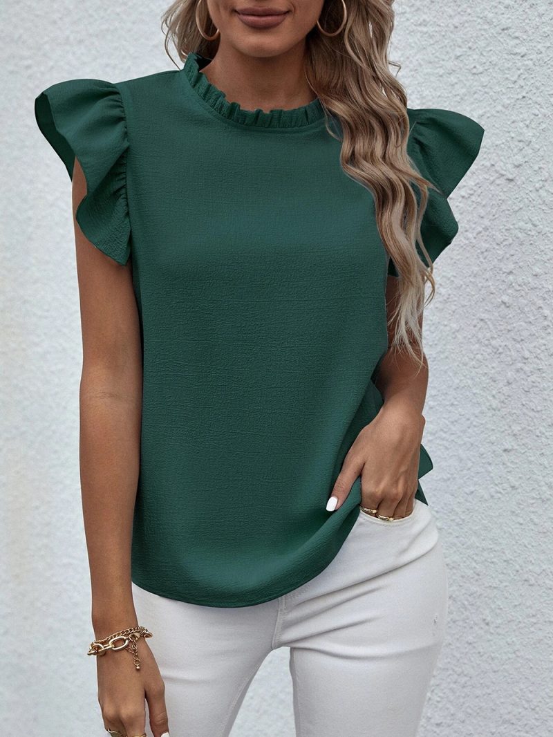 Spring Summer Casual Ruffled Vest Sweet Round Neck Women Shirt - Image 13