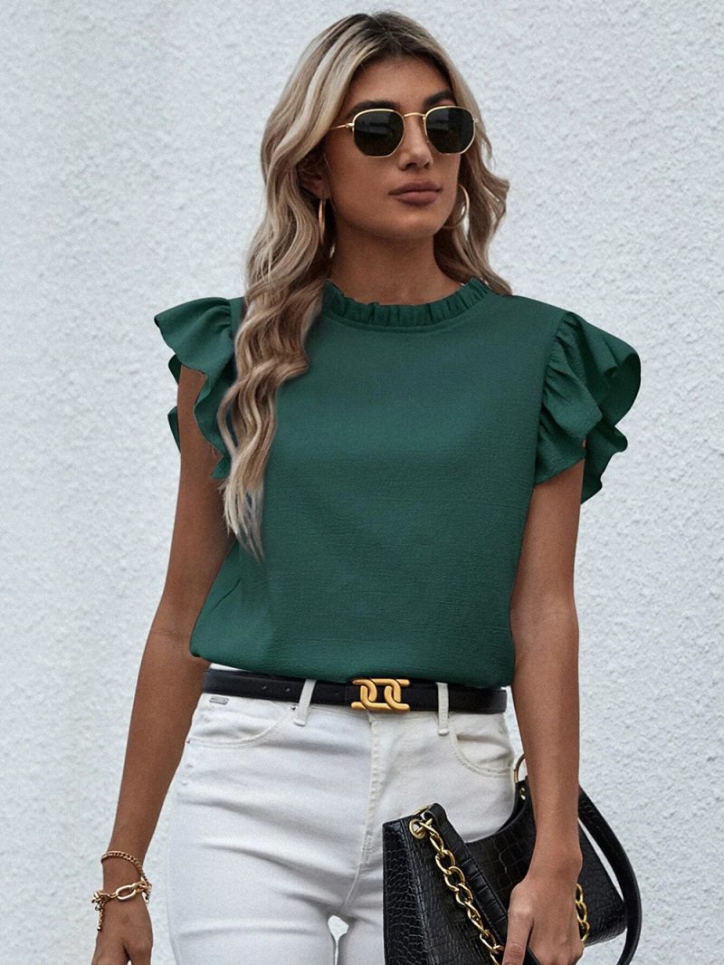 Spring Summer Casual Ruffled Vest Sweet Round Neck Women Shirt - Image 15