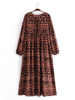 Bohemian Vacation Positioning Printing Loose Big Hem Long Sleeve Dress Long