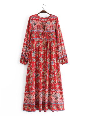 Women Sleeves Dress Printed Waist-Controlled Large Swing