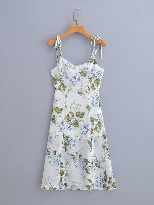 French Fresh Floral Slip Dress Women Summer Elastic Dress after Tied High Waist