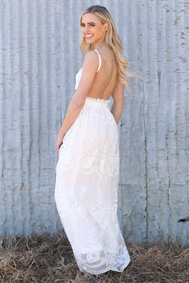 White Contrast Lace Backless Spaghetti Strap Maxi Dress - Image 4