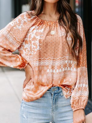 Women Orange Boho Printed Drawstring Round Neck Blouse