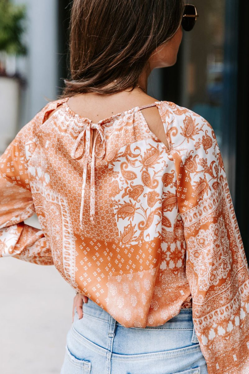 Women Orange Boho Printed Drawstring Round Neck Blouse - Image 2
