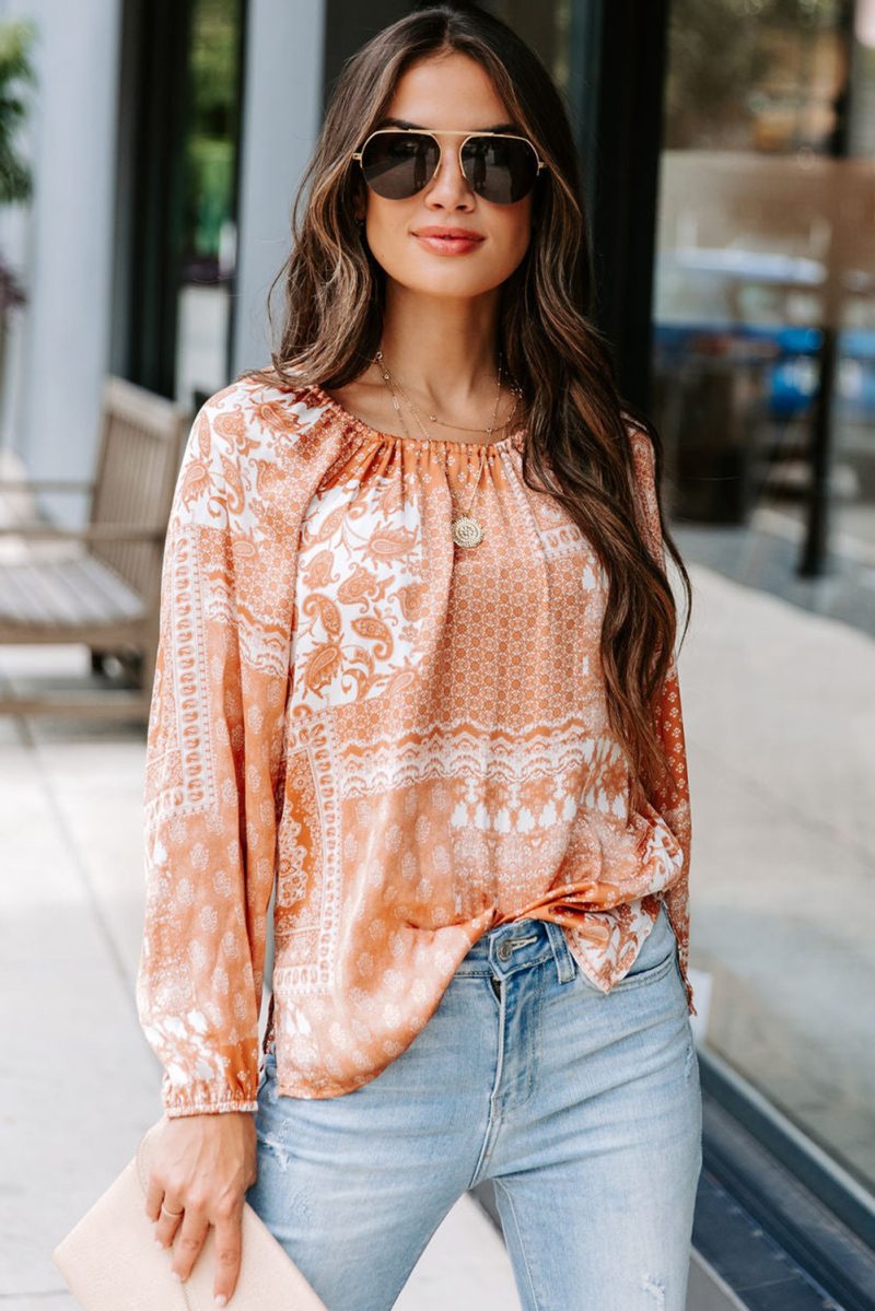 Women Orange Boho Printed Drawstring Round Neck Blouse - Image 3