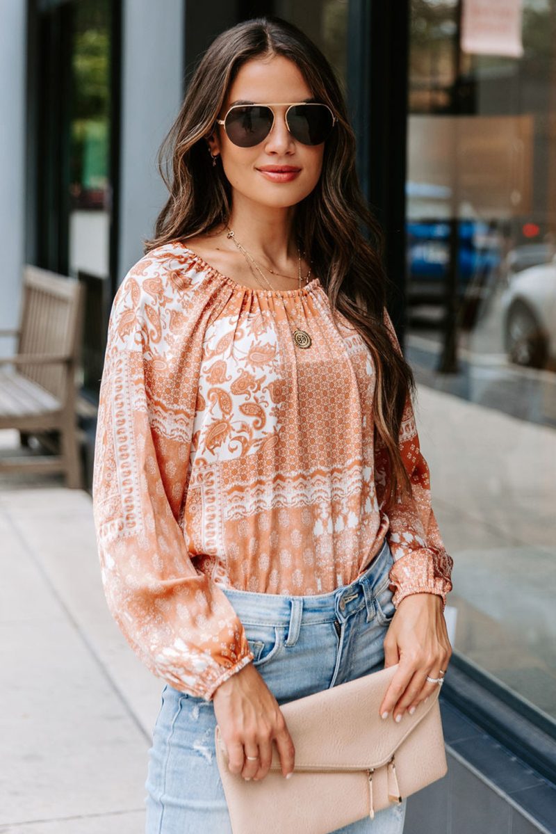 Women Orange Boho Printed Drawstring Round Neck Blouse - Image 4