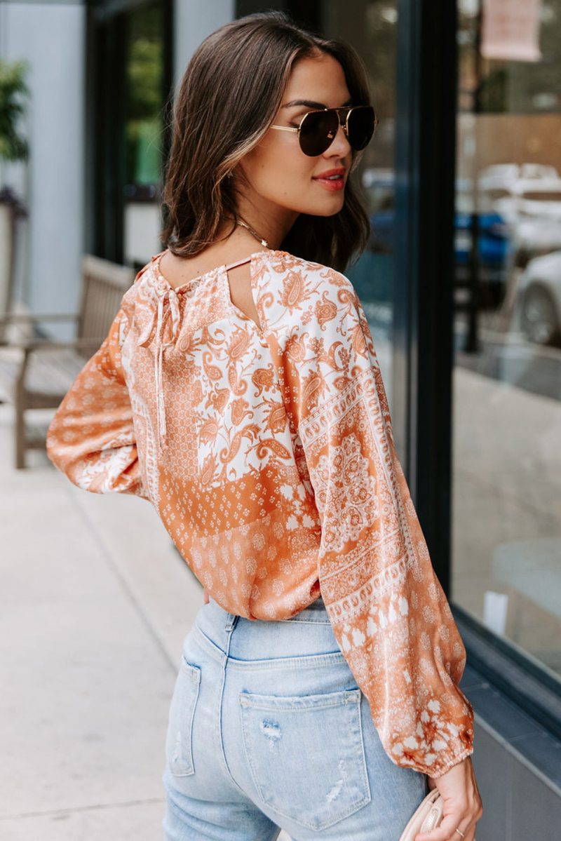 Women Orange Boho Printed Drawstring Round Neck Blouse - Image 6