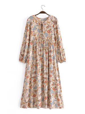 Spring WomenClothing Rayon Positioning Printing Long Sleeve Dress