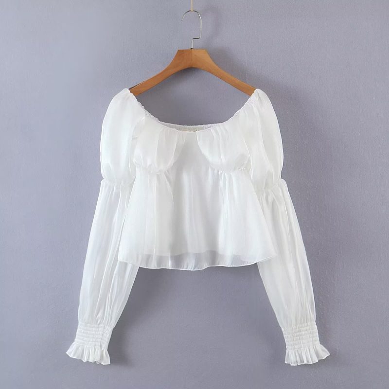 Solid Color Sweet Square Collar Bell Sleeve Top Women - Image 4