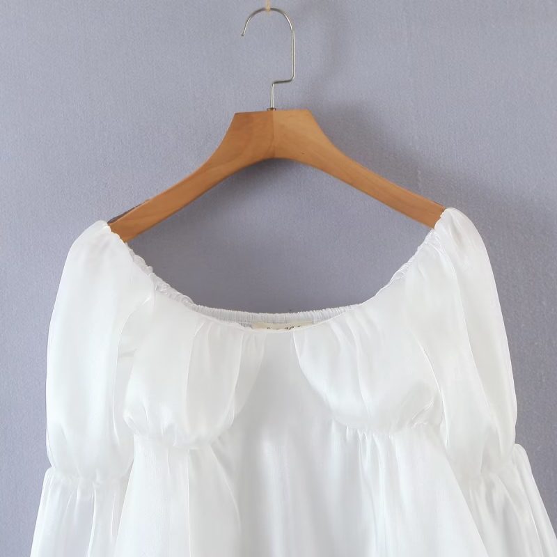 Solid Color Sweet Square Collar Bell Sleeve Top Women - Image 5
