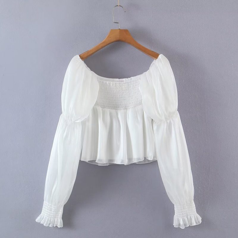 Solid Color Sweet Square Collar Bell Sleeve Top Women - Image 9