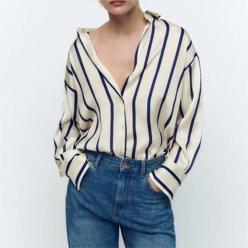 Women Striped Loose Silk Satin Textured Shirt