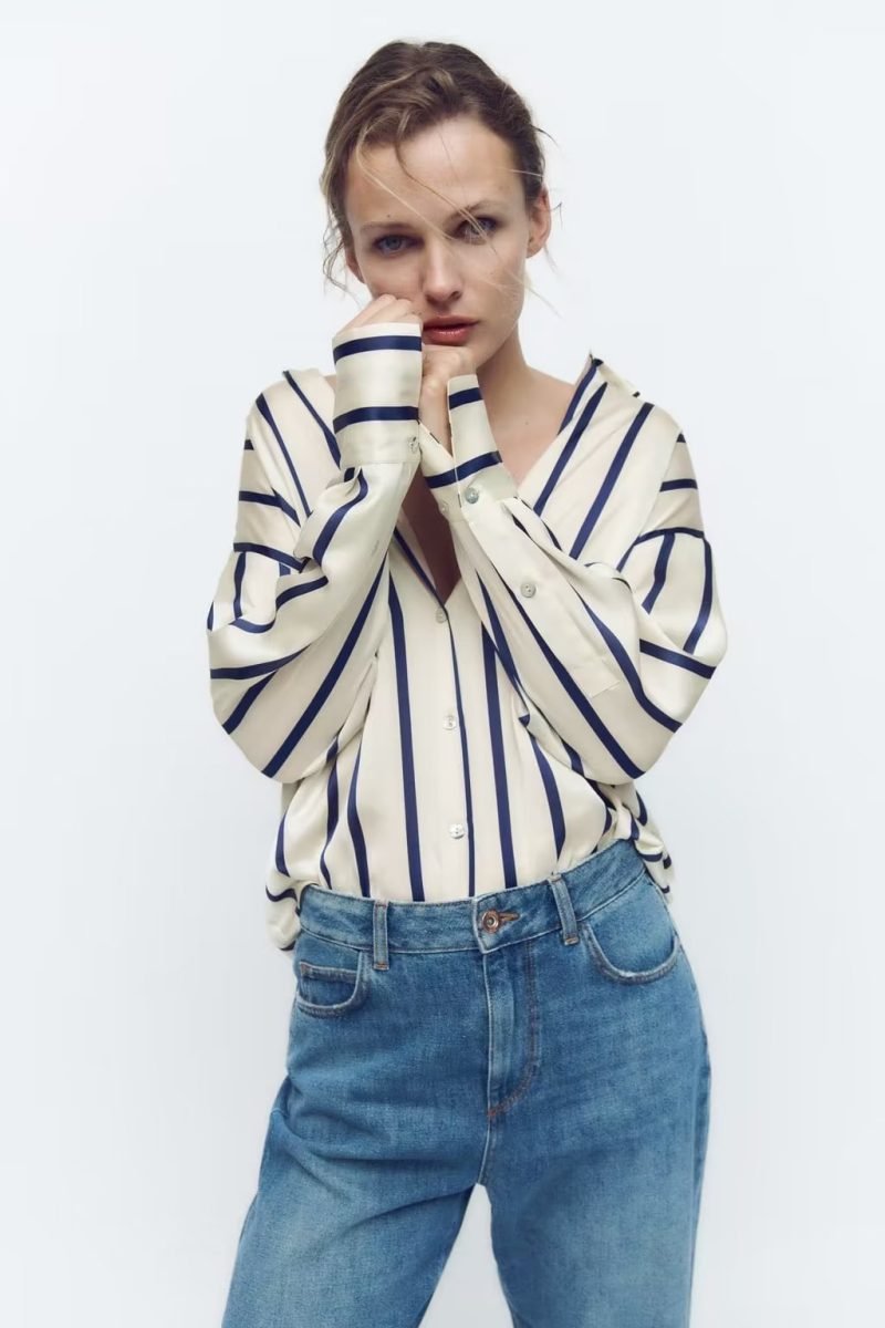 Women Striped Loose Silk Satin Textured Shirt - Image 2