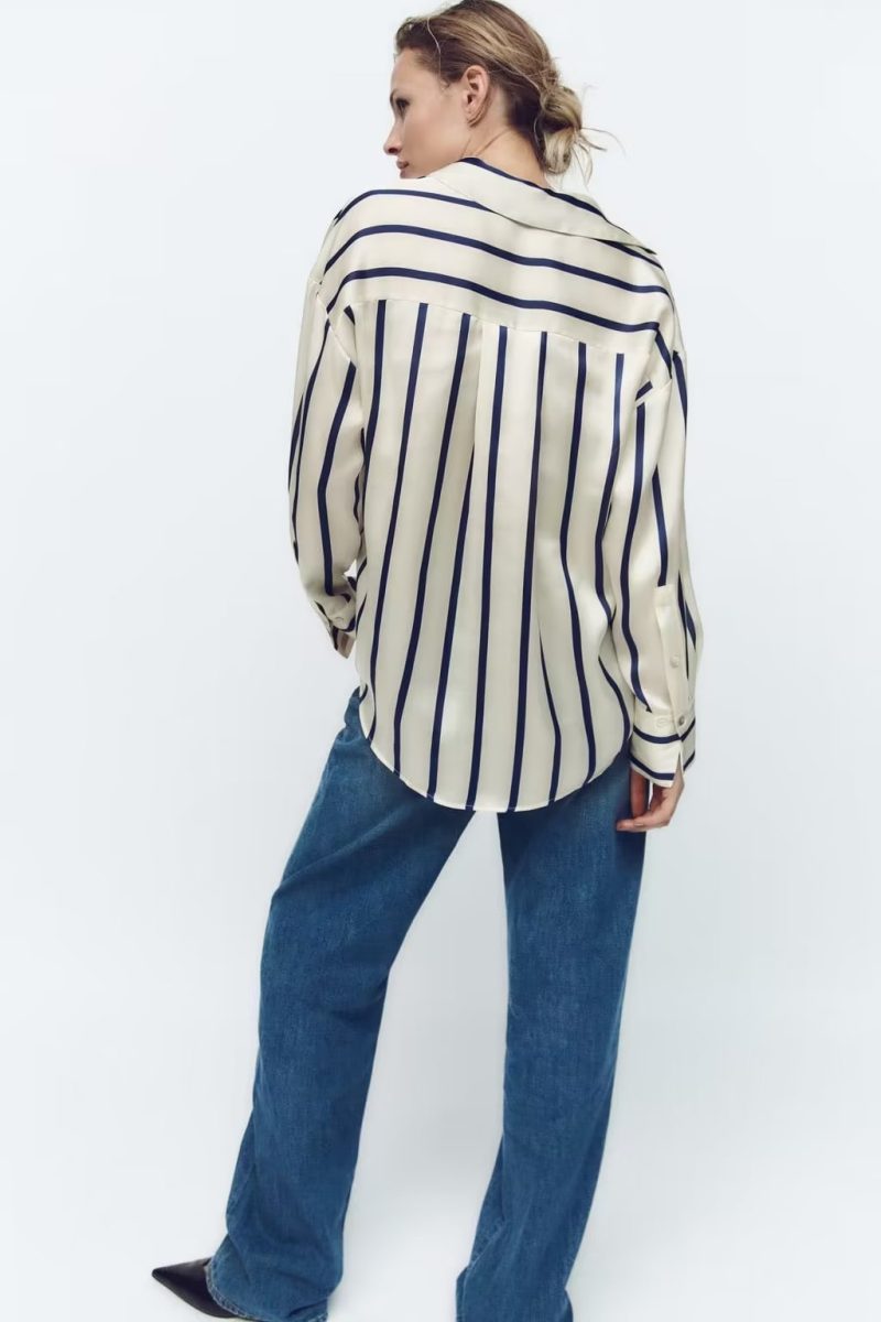 Women Striped Loose Silk Satin Textured Shirt - Image 3