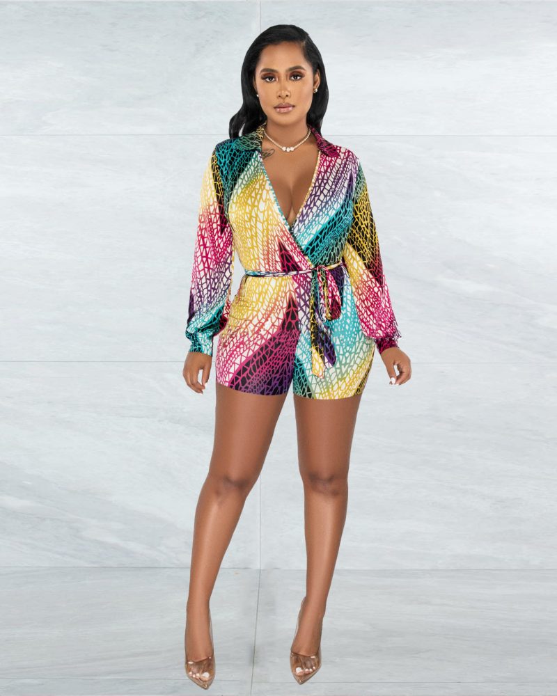 Women Clothing Spring Summer Deep V Plunge neck Color Printed Sexy Lace up Jumpsuit - Image 3