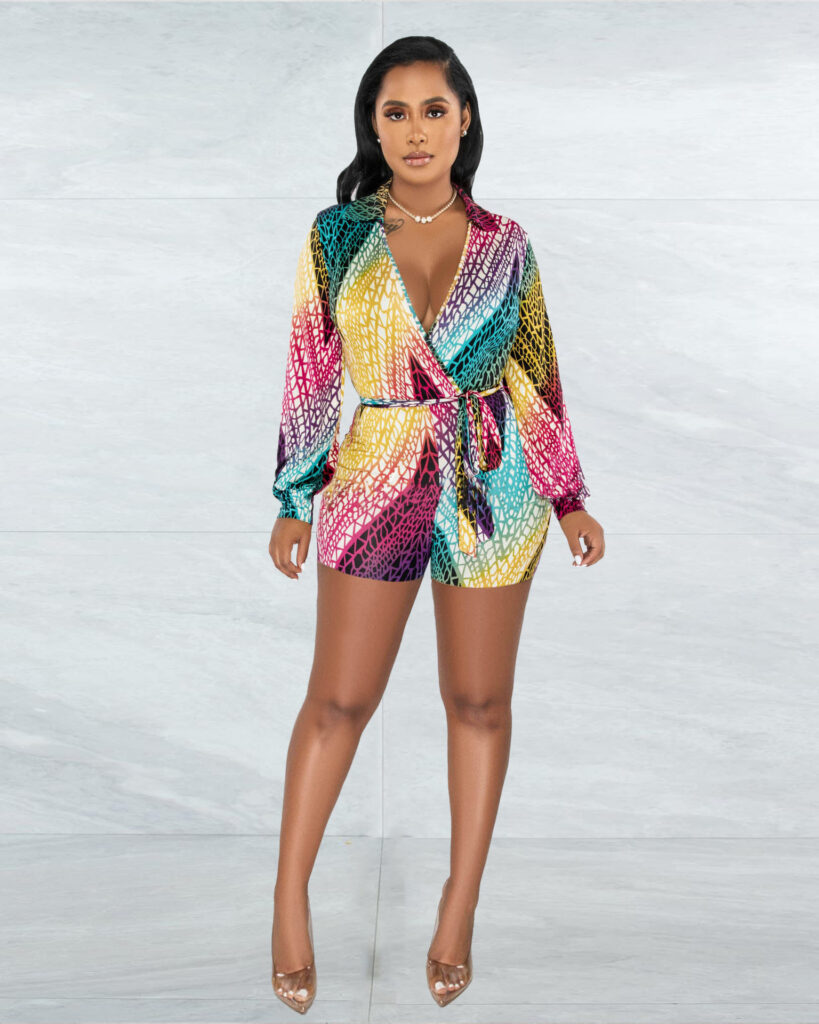 Women Clothing Spring Summer Deep V Plunge neck Color Printed Sexy Lace up Jumpsuit - Image 3