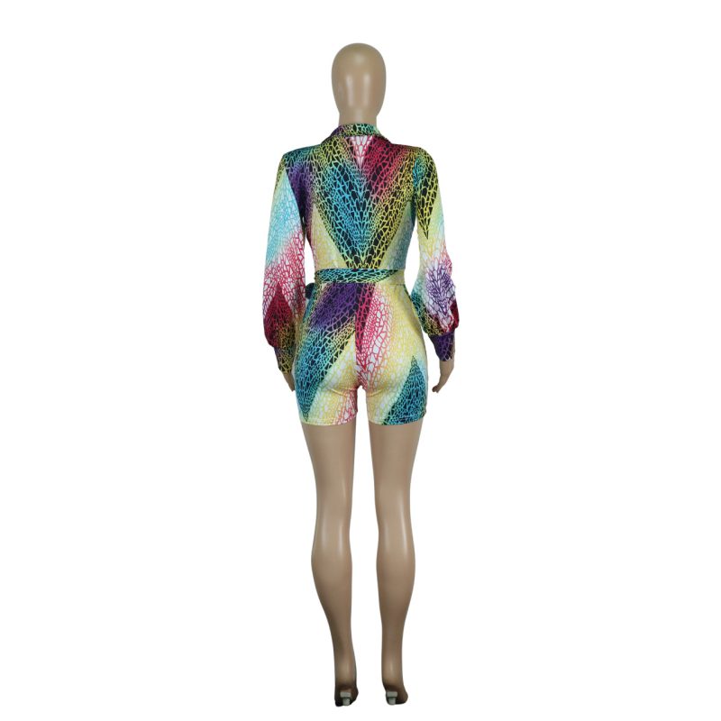 Women Clothing Spring Summer Deep V Plunge neck Color Printed Sexy Lace up Jumpsuit - Image 7