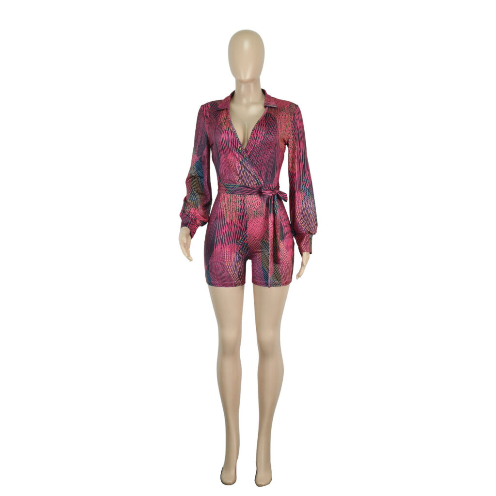 Women Clothing Spring Summer Deep V Plunge neck Color Printed Sexy Lace up Jumpsuit - Image 8
