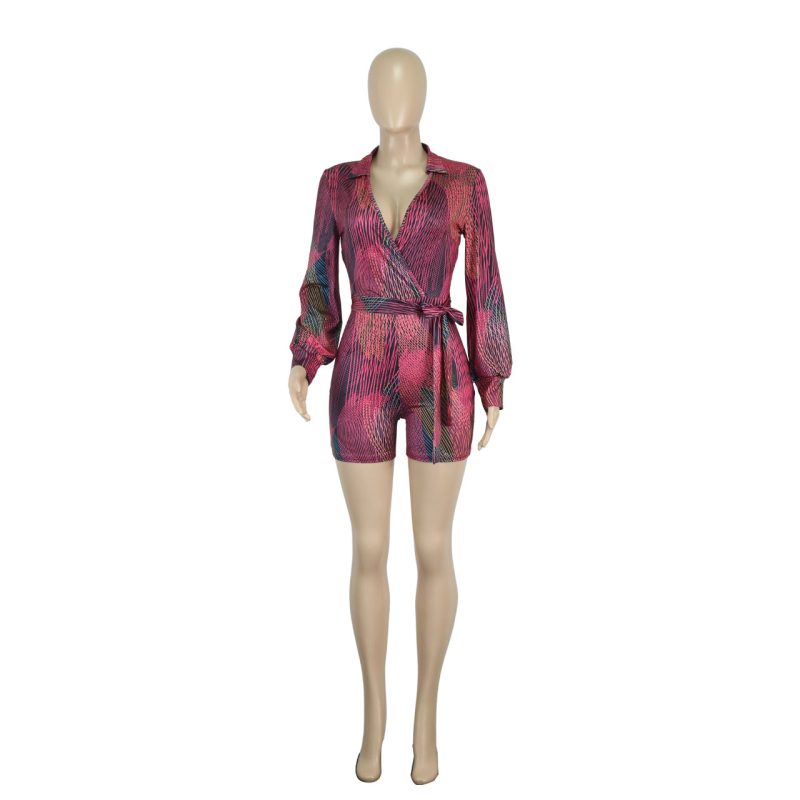 Women Clothing Spring Summer Deep V Plunge neck Color Printed Sexy Lace up Jumpsuit - Image 8