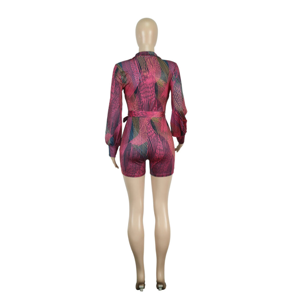 Women Clothing Spring Summer Deep V Plunge neck Color Printed Sexy Lace up Jumpsuit - Image 10