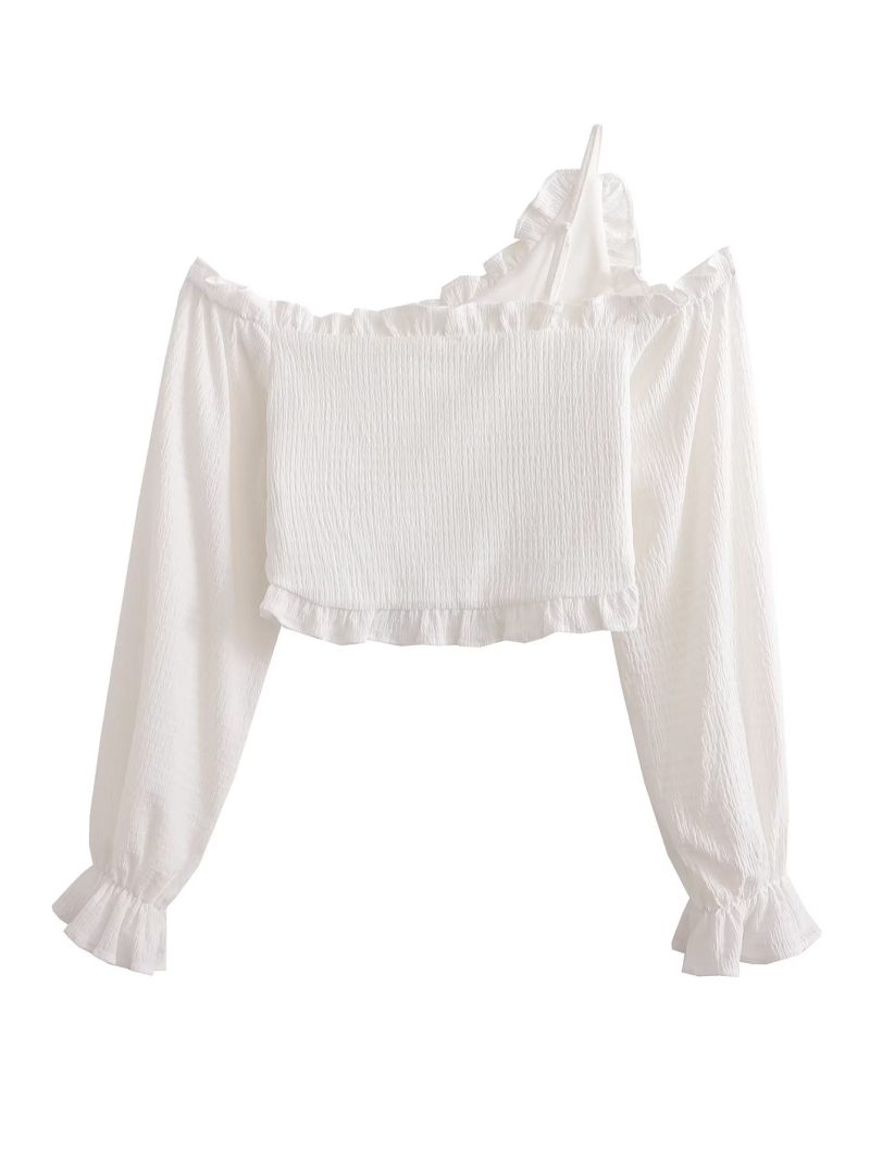 Women Clothing Early Spring Stretch Slim Pleating Knotted Short Top Women - Image 2