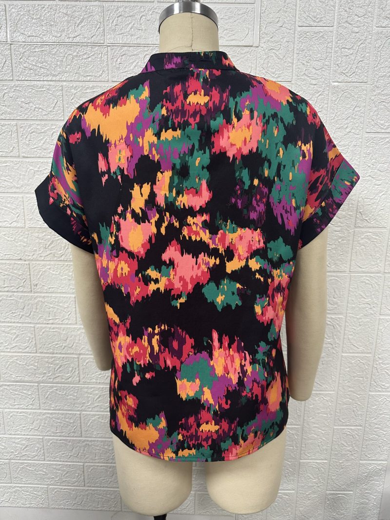 Women Clothing Summer Painted Color Printing V neck Short Sleeve Women Top - Image 5