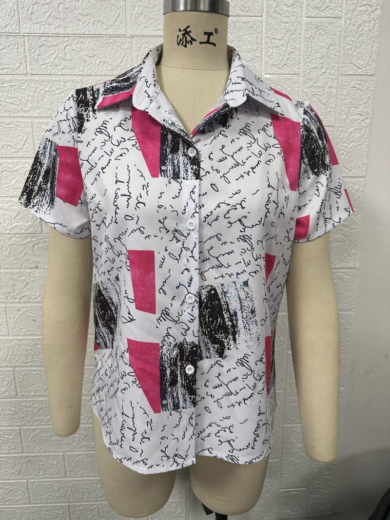 Women Clothing Summer Graphic Printing Collared Cardigan Casual Short Sleeve Shirt - Image 4
