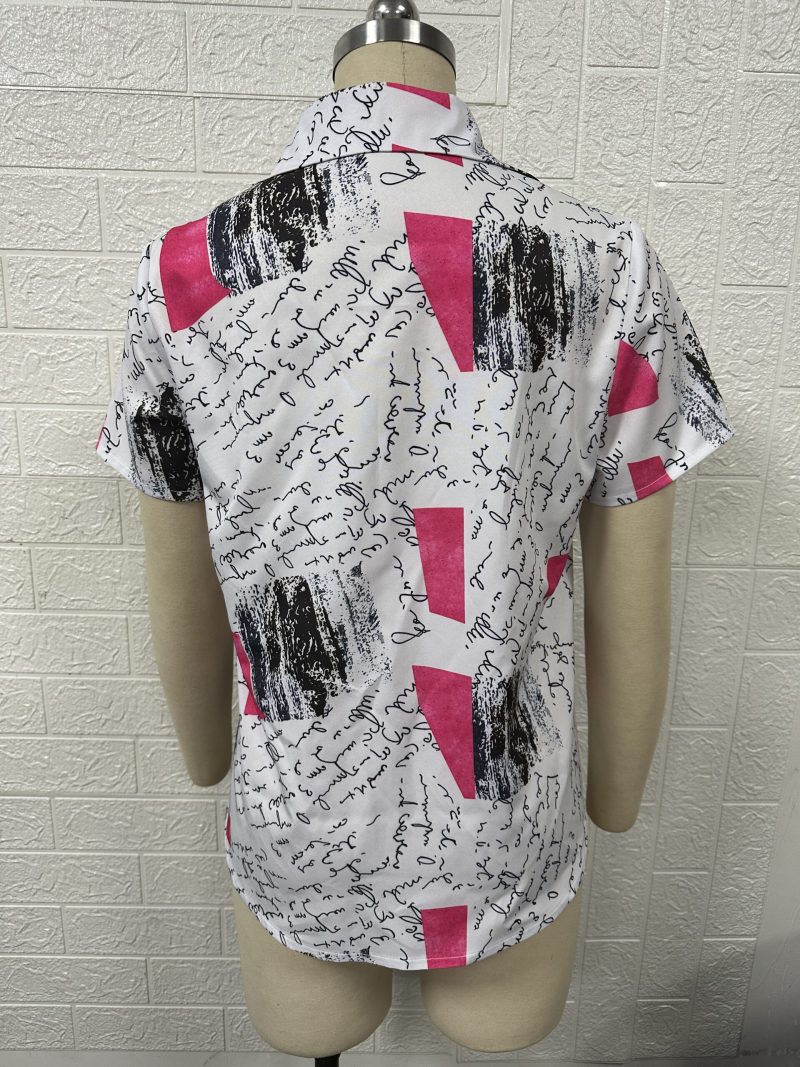 Women Clothing Summer Graphic Printing Collared Cardigan Casual Short Sleeve Shirt - Image 5