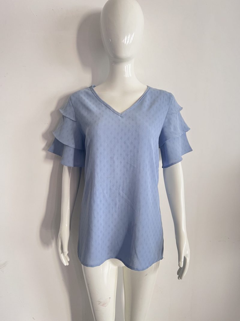 Women Clothing Summer V neck Ruffled Short Sleeve Casual Chiffon Blouse Women Tops - Image 5
