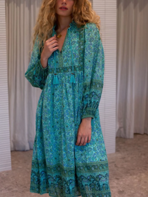 Spring Women Green Rayon Positioning Floral Tassel Long Sleeve Dress