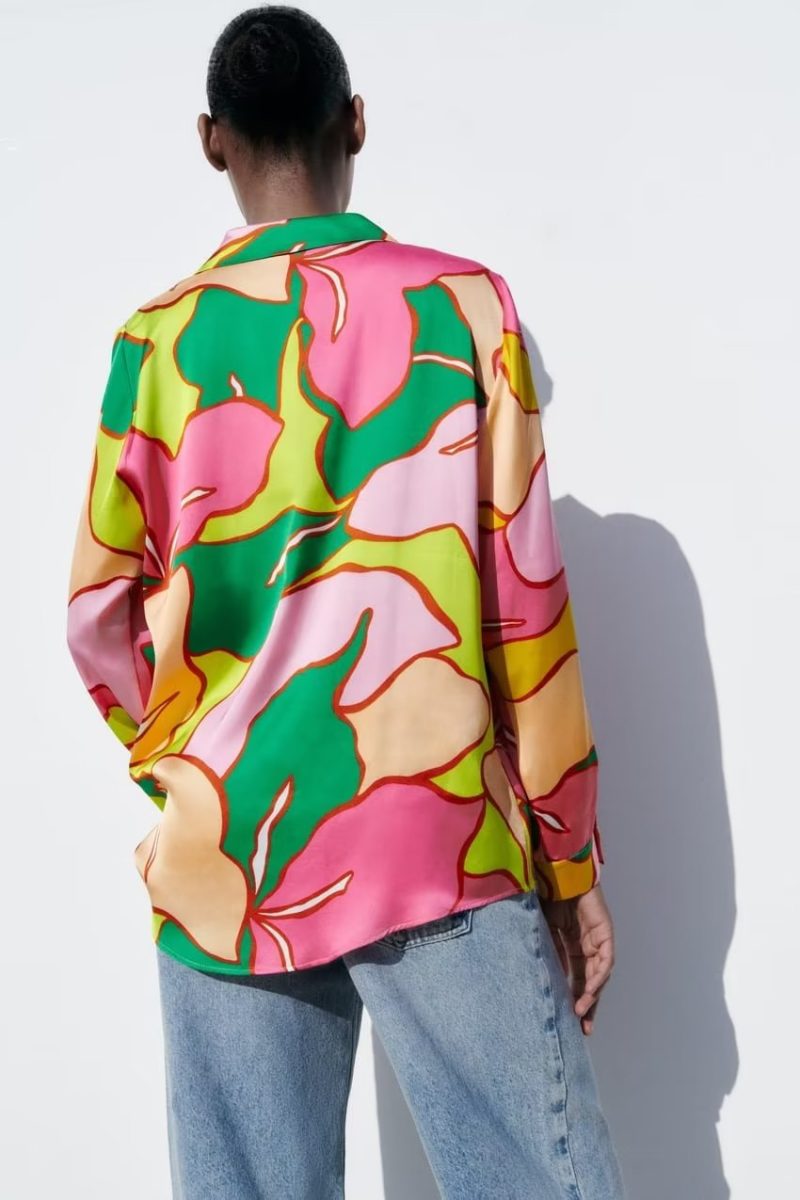 Spring Women  Retro Long Sleeved Printed Silk Satin Textured Shirt - Image 2