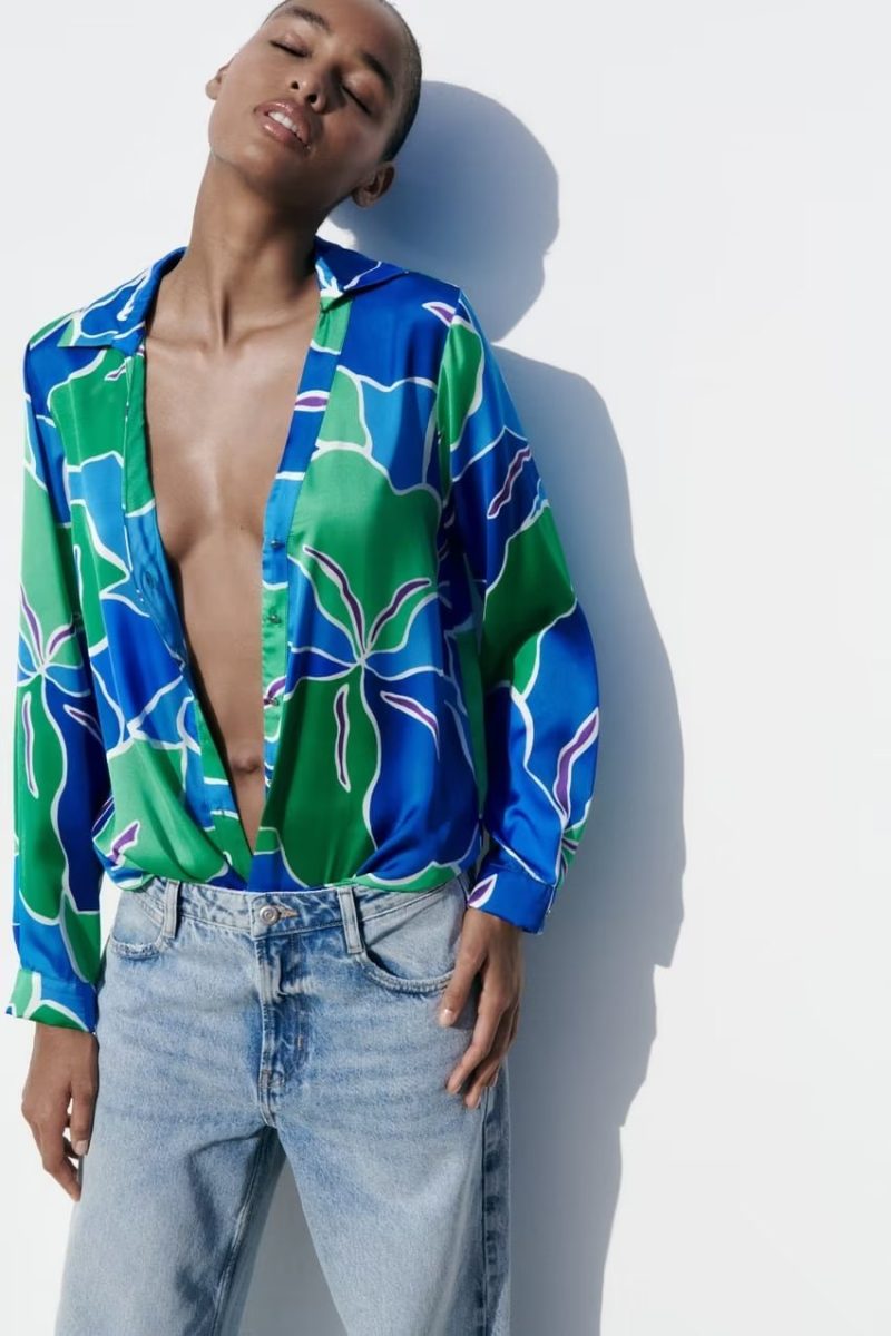 Spring Women  Retro Long Sleeved Printed Silk Satin Textured Shirt - Image 5