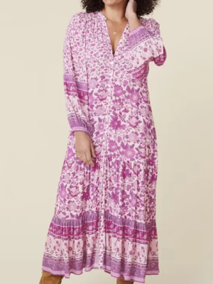 Spring Summer Rayon Positioning Floral V neck Maxi Dress