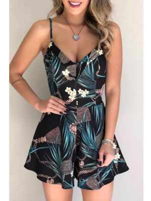 Women Clothing Summer Floral Spaghetti Strap High Waist Short Flared Jumpsuit