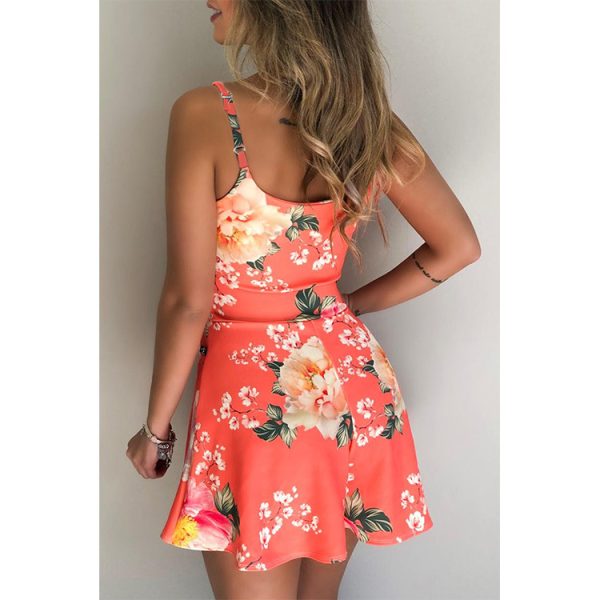 Women Clothing Summer Floral Spaghetti Strap High Waist Short Flared Jumpsuit - Image 3