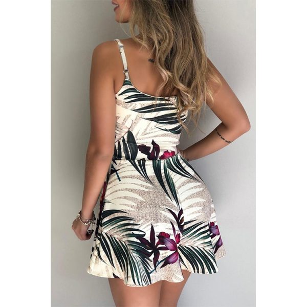 Women Clothing Summer Floral Spaghetti Strap High Waist Short Flared Jumpsuit - Image 5