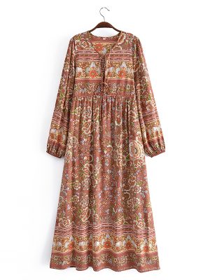 Spring Summer Bohemian Vacation Rayon Positioning Long Sleeve Dress