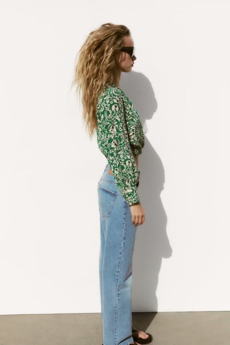 Spring Printed V neck Slim Fit Long Sleeve Mini Blouses  for Women - Image 2