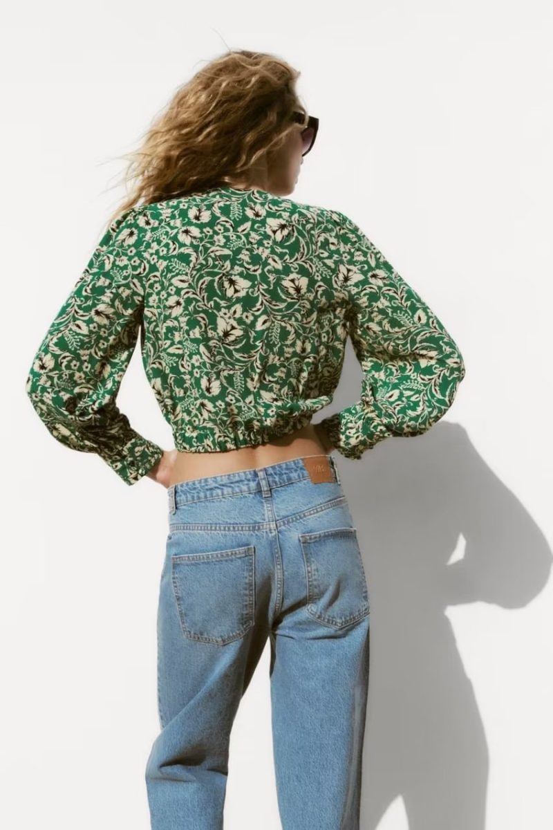 Spring Printed V neck Slim Fit Long Sleeve Mini Blouses  for Women - Image 3