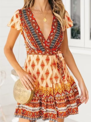 Women Printed Fresh High Waist Short Sleeve Dress