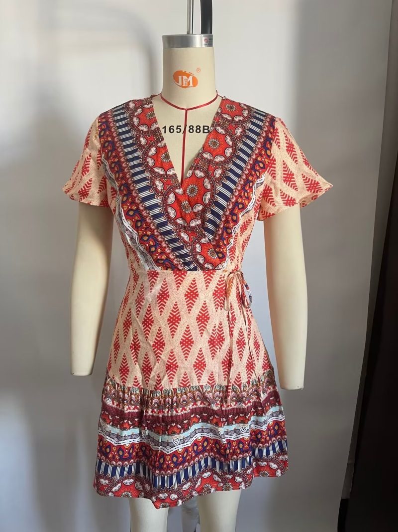 Women Printed Fresh High Waist Short Sleeve Dress - Image 3