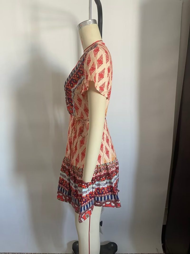 Women Printed Fresh High Waist Short Sleeve Dress - Image 4