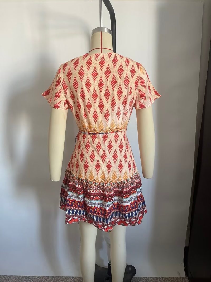Women Printed Fresh High Waist Short Sleeve Dress - Image 5