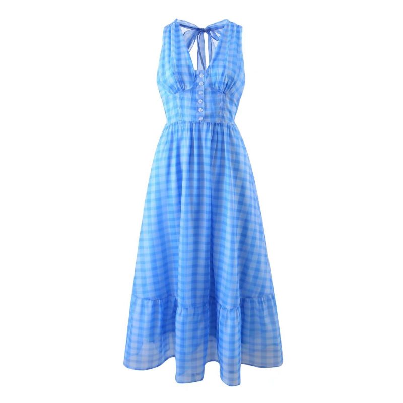 Women Chiffon V neck Strap Halter Dress Summer French Fairy Long - Image 11