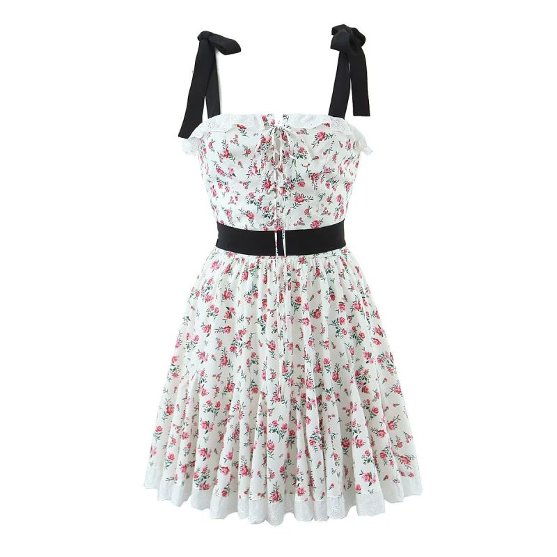Spring Women Clothing Lace Embroidered Large Swing Small Floral Tie Neck Contrasting Color Dress Short  Crisscross - Image 2