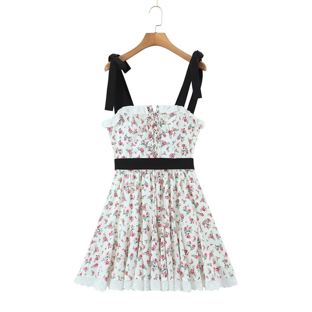 Spring Women Clothing Lace Embroidered Large Swing Small Floral Tie Neck Contrasting Color Dress Short  Crisscross - Image 3