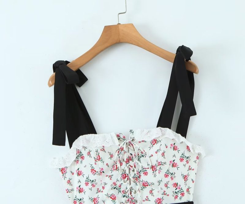 Spring Women Clothing Lace Embroidered Large Swing Small Floral Tie Neck Contrasting Color Dress Short  Crisscross - Image 4