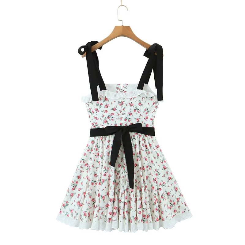 Spring Women Clothing Lace Embroidered Large Swing Small Floral Tie Neck Contrasting Color Dress Short  Crisscross - Image 5
