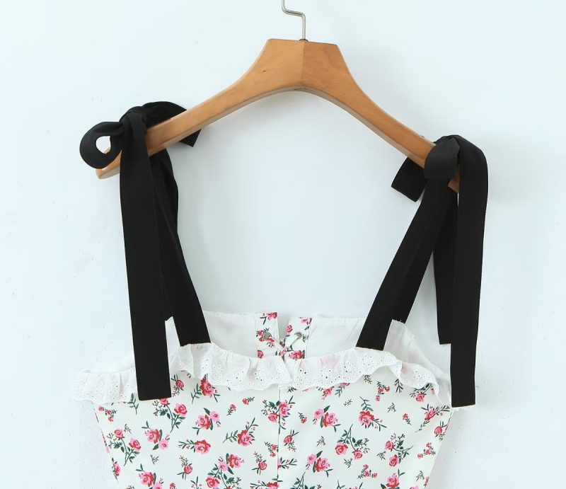 Spring Women Clothing Lace Embroidered Large Swing Small Floral Tie Neck Contrasting Color Dress Short  Crisscross - Image 6
